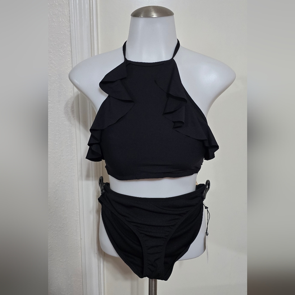 #0950 Black Ruffled Halter Bikini Set